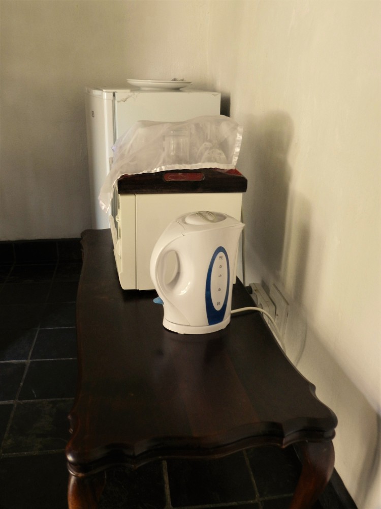 Susanna Room at the President Paul Kruger Guest Lodge amenities including a small fridge, microwave, tea and coffee